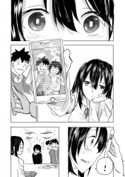 Rule 34 | !, 1boy, 2girls, ?, araido kagiri, cellphone, head rest, comic, glaring, greyscale, highres, monochrome, multiple girls, phone, photo (medium), pout, smartphone, surprised, sweatdrop, tongue, tongue out, wide-eyed, aged down