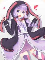 Rule 34 | 1girl, absurdres, animal ears, rabbit ears, collarbone, commentary, cowboy shot, criss-cross halter, double v, dress, drill hair, frilled dress, frills, hair ornament, hair tubes, halterneck, heart, highres, holding, hood, hood up, hooded jacket, jacket, looking at viewer, open mouth, patterned clothing, pleated skirt, purple dress, purple eyes, purple hair, purple skirt, shirua (s4-42424), short hair with long locks, side drill, skirt, smile, solo, thighhighs, twin drills, v, vocaloid, voiceroid, yuzuki yukari, zettai ryouiki