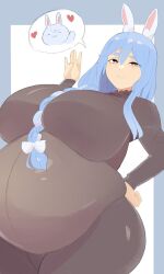Rule 34 | 1girl, :&gt;, :3, animal ears, belly, big belly, blue hair, bodysuit, braid, braided ponytail, breasts, closed eyes, curvy, eyebrows, eyelashes, fat, hand on own hip, heart, highres, hololive, huge breasts, light blue hair, long hair, looking at viewer, mature female, napolitane, pekomama, plump, rabbit, rabbit ears, simple background, skin tight, smile, speech bubble, standing, virtual youtuber, waving, wide hips, yellow eyes