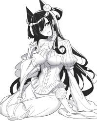 Rule 34 | 1girl, blush, breasts, closed umbrella, commentary request, cone hair bun, dress, fate/grand order, fate (series), greyscale, hair between eyes, hair bun, hair ornament, head tilt, large breasts, layered sleeves, long hair, long sleeves, looking at viewer, monochrome, murasaki shikibu (fate), parted lips, puffy short sleeves, puffy sleeves, ririko (zhuoyandesailaer), short over long sleeves, short sleeves, simple background, sitting, solo, two side up, umbrella, very long hair, white background, wide sleeves, yokozuwari