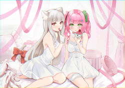 Rule 34 | 2girls, absurdres, animal ear fluff, animal ears, backless dress, backless outfit, breasts, cat ears, chromatic aberration, collarbone, cupcake, dress, fingerless gloves, food, frills, gloves, green eyes, grey hair, high heels, highres, holding, long hair, looking at viewer, medium breasts, multiple girls, open mouth, original, pink footwear, red eyes, ribbon, sitting, skirt, sleeveless, sleeveless dress, smile, tail, thigh strap, tongue, tongue out, tsunaginu, twintails, unworn footwear, very long hair, white dress, white gloves, white skirt