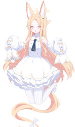 Rule 34 | 1girl, absurdres, animal ears, blonde hair, blue archive, blue necktie, breasts, commentary request, cross halo, dress, expressionless, fox ears, frilled dress, frills, full body, halo, highres, jumping, kuyoumi, long hair, looking at viewer, necktie, open mouth, pantyhose, pink eyes, sailor collar, seia (blue archive), simple background, sleeves past fingers, sleeves past wrists, small breasts, solo, striped clothes, striped pantyhose, vertical-striped clothes, vertical-striped pantyhose, very long hair, white background, white dress, white footwear, white pantyhose, white sailor collar, yellow halo