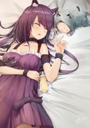 Rule 34 | 1girl, 1other, absurdres, ambiguous gender, animal ears, arknights, baby, baby bottle, bottle, cat ears, cat tail, chinese commentary, commentary request, dress, covered erect nipples, highres, melantha (arknights), milk, mother and child, panties, purple dress, purple hair, see-through silhouette, sleeping, tail, underwear, ygxdl