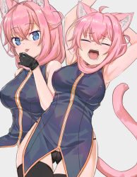 Rule 34 | 1girl, ahoge, animal ears, arms behind head, arms up, black gloves, black panties, black thighhighs, blue eyes, breasts, cat ears, cat girl, cat tail, closed mouth, closed eyes, facing viewer, gloves, large breasts, looking at viewer, medium hair, nyifu, open mouth, original, panties, pink hair, solo, tail, thighhighs, tongue, tongue out, underwear, yawning