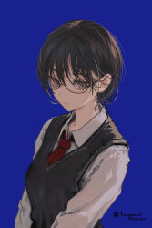 Rule 34 | 1girl, :|, arms at sides, black hair, black sweater vest, blue background, closed mouth, collared shirt, expressionless, glasses, grey eyes, hair between eyes, highres, inaeda kei, long sleeves, necktie, original, red necktie, school uniform, shirt, short hair, sidelocks, simple background, solo, sweater vest, twitter username, upper body, v-neck, white shirt