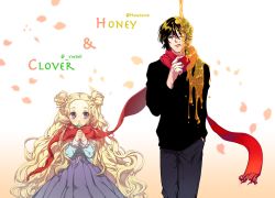 Rule 34 | 00s, 1boy, 1girl, artist request, black hair, blonde hair, clover, clover (flower), collaboration, copyright name, double bun, dress, flower, hanamoto hagumi, hand in pocket, honey, honey and clover, howoona, licking lips, long hair, long sleeves, looking at another, looking to the side, morita shinobu, pants, purple eyes, rwael, scarf, shared clothes, shared scarf, short hair, tongue, tongue out, wavy hair