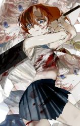 Rule 34 | 1girl, black skirt, bleeding, blood, blood on clothes, blood on face, blue eyes, blue sailor collar, breasts, brown hair, character request, copyright request, cowboy shot, from side, gesabibi (savivi ovo), grey shirt, hair between eyes, highres, higurashi no naku koro ni, holding, holding weapon, injury, medium breasts, over shoulder, pleated skirt, sailor collar, shirt, short hair, skirt, weapon, weapon over shoulder