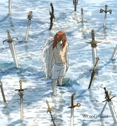 Rule 34 | 1boy, angel devil (chainsaw man), angel wings, carrotsprout, chainsaw man, hair between eyes, halo, highres, long hair, looking away, multiple swords, orange hair, partisan (weapon), planted, planted sword, planted weapon, polearm, refraction, shadow, shorts, solo, standing, sword, topless male, water, weapon, white shorts, white wings, wings