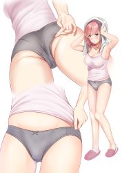 Rule 34 | 1girl, ass, atlanta (kancolle), bare arms, bare legs, blush, bow, bow panties, breasts, brown hair, cleavage, collarbone, gluteal fold, grey eyes, grey panties, highres, kantai collection, large breasts, long hair, looking down, multiple views, panties, parted lips, shirt, simple background, slippers, tank top, tight clothes, tight shirt, underwear, white background, white tank top, zuki