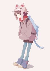 Rule 34 | 1girl, absurdres, animal bag, animal hat, bad id, bad pixiv id, black shorts, blue footwear, blue legwear, brown coat, brown hair, brown hat, cat bag, cat hat, cat tail, closed eyes, closed mouth, coat, commentary request, fake tail, full body, hands in pockets, hat, highres, original, pants, paw shoes, shoes, short hair, shorts, simple background, solo, sorata123, standing, tail, white background