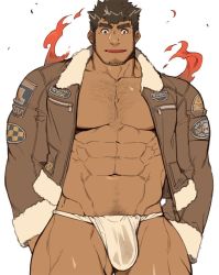 Rule 34 | 1boy, abs, bara, brown jacket, bulge, chest hair, cowboy shot, dark-skinned male, dark skin, facial hair, fire, fundoshi, fur-trimmed jacket, fur trim, gomtang, jacket, japanese clothes, takabushi kengo, large pectorals, long sideburns, long sleeves, looking at viewer, male focus, male underwear, muscular, muscular male, navel, navel hair, nipples, no pants, open clothes, open jacket, pectoral cleavage, pectorals, see-through, short hair, sideburns, solo, stomach, stubble, thick thighs, thighs, tokyo houkago summoners, wet clothes, wet male underwear, white male underwear