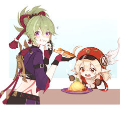 Rule 34 | 2girls, blonde hair, blush, body markings, bread, bread slice, brown gloves, cabbie hat, chewing, child, coat, crop top, cropped jacket, dress, eating, feathers, food, genshin impact, gloves, green hair, hair between eyes, hat, hat feather, hat ornament, highres, jacket, klee (genshin impact), kuki shinobu, low twintails, multiple girls, ninja, no mask, open mouth, orange eyes, partially fingerless gloves, pointy ears, ponytail, purple eyes, purple jacket, purple rope, red coat, red dress, red headwear, rope, short shorts, shorts, sidelocks, twintails, velephyr, white background, white feathers