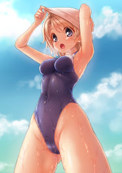 Rule 34 | 10s, 1girl, blue eyes, blue one-piece swimsuit, breath, cloud, competition swimsuit, covered navel, cowboy shot, day, from below, highleg, highleg swimsuit, highres, love live!, love live! sunshine!!, one-piece swimsuit, open mouth, outdoors, removing swim cap, shimashima salmon, short hair, silver hair, sky, solo, swim cap, swimsuit, watanabe you, wet, wet clothes, wet swimsuit