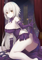 Rule 34 | 1girl, ahoge, ass, asymmetrical legwear, bad id, bad pixiv id, bare shoulders, blush, bow, breasts, brown eyes, building, cleavage, clothes lift, commentary request, curtains, dress, dress lift, elbow gloves, fate/grand order, fate (series), gloves, hair between eyes, headpiece, highres, indoors, jeanne d&#039;arc (fate), jeanne d&#039;arc alter (avenger) (fate), jeanne d&#039;arc alter (fate), jeanne d&#039;arc alter (holy night supper) (fate), large breasts, lifted by self, long hair, night, night sky, pale skin, parted lips, purple bow, purple dress, purple gloves, purple thighhighs, silver hair, single thighhigh, sky, skyscraper, smile, solo, strapless, strapless dress, thighhighs, uneven legwear, very long hair, window, yuzu-aki