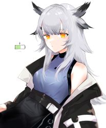 Rule 34 | 1girl, absurdres, arknights, bare shoulders, black jacket, black skirt, blue shirt, commentary, grey hair, gupipy, highres, jacket, long hair, off shoulder, pointy hair, ptilopsis (arknights), shirt, skirt, sleeveless, sleeveless shirt, solo, upper body, very long hair, yellow eyes