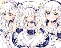 Rule 34 | 1girl, :t, aged down, apron, arato asato, azur lane, belfast (azur lane), blush, braid, chain, closed eyes, collar, collarbone, commentary request, corset, crying, crying with eyes open, french braid, frilled apron, frilled gloves, frills, gloves, highres, long hair, looking at viewer, maid, maid apron, maid headdress, multiple views, open mouth, pout, silver hair, speech bubble, tears, translation request, white apron, white gloves