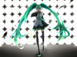 Rule 34 | backlighting, bad id, bad pixiv id, boots, detached sleeves, green eyes, green hair, hatsune miku, lights, long hair, necktie, shiduki, skirt, solo, stage lights, thigh boots, thighhighs, twintails, very long hair, vocaloid