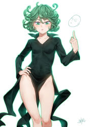 Rule 34 | 1boy, 1girl, black dress, blush, breasts, covered navel, cowboy shot, curly hair, dress, eyelashes, green eyes, green hair, hand on own hip, highres, justin leyva (steamy tomato), lips, looking at viewer, no panties, one-punch man, parted lips, pelvic curtain, saitama (one-punch man), short hair, side slit, simple background, small breasts, solo focus, standing, tatsumaki, thighs, white background