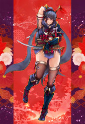 Rule 34 | 1girl, armor, blue eyes, blue hair, breasts, capcom, full body, gloves, hair between eyes, headband, highres, japanese clothes, kamura (armor), looking at viewer, masayoshi, monster hunter (series), monster hunter rise, ninja, ponytail, short hair, simple background, solo, sword, thighhighs, weapon