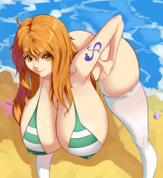 Rule 34 | 1girl, 47 hard, alternate breast size, beach, bikini, bikini top only, bottomless, breasts, cleavage, convenient arm, convenient censoring, facing viewer, feet out of frame, hanging breasts, highres, huge breasts, leaning forward, long hair, looking at viewer, looking up, nami (one piece), ocean, one piece, orange eyes, orange hair, outdoors, sand, shoulder tattoo, smile, solo, standing, starfish, striped bikini, striped clothes, swimsuit, tagme, tattoo, white legwear, wide hips