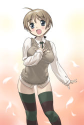 Rule 34 | 1girl, ahoge, breasts, brown hair, female focus, gradient background, lynette bishop, short hair, solo, strike witches, striped clothes, striped thighhighs, sweater vest, thighhighs, world witches series, you2