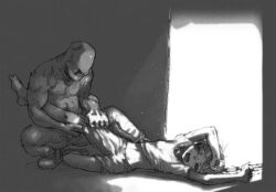 Rule 34 | 1boy, 1girl, arm up, bald, barefoot, bleeding, blood, blood trail, breasts, clenched hands, clothes lift, commentary request, doorway, dragging, faceless, faceless male, greyscale, half-closed eyes, hand on own head, imminent rape, kikai (akita morgue), light particles, lying, monochrome, monster boy, muscular, muscular male, navel, no eyes, on back, one eye closed, open mouth, original, outstretched leg, pain, pants, scared, shadow, shirt, shirt lift, short sleeves, shorts, small breasts, squatting, t-shirt, topless male, undressing another, violence