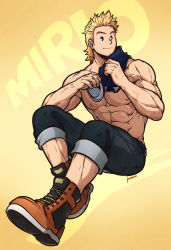 Rule 34 | 1boy, abs, absurdres, text background, bara, blonde hair, blue eyes, boku no hero academia, boots, character name, full body, highres, kuroshinki, looking at viewer, male focus, mature male, multiple scars, nipples, obliques, pants, pants rolled up, quiff, scar, short hair, sitting, solo, togata mirio, topless male, twitter username, veins, watermark