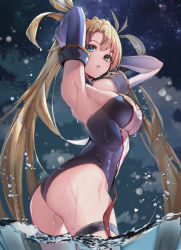 Rule 34 | 1girl, absurdres, armpits, arms behind head, arms up, ass, bare shoulders, blonde hair, blue eyes, blue gloves, blue leotard, blush, bradamante (fate), bradamante (first ascension) (fate), braid, breasts, crown braid, elbow gloves, fate/grand order, fate (series), gloves, highleg, highleg leotard, highres, large breasts, leotard, long hair, looking at viewer, night, night sky, parted lips, sky, solo, star (sky), starry sky, suishougensou, thigh strap, thighs, twintails, two-tone gloves, two-tone leotard, very long hair, wading, water, wedgie, wet, white gloves, white leotard