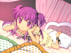 Rule 34 | 1girl, barefoot, bed, curtains, frilled pillow, frills, kurarin, lying, on stomach, original, pajamas, pillow, purple eyes, purple hair, smile, solo, twintails, two side up