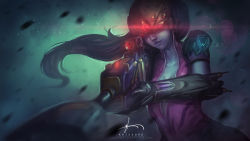 Rule 34 | 1girl, absurdres, aiming, aiming at viewer, artist name, bodysuit, center opening, colored skin, gloves, glowing, gun, head-mounted display, highres, krisedge, lips, long hair, looking at viewer, nose, overwatch, overwatch 1, ponytail, purple hair, purple skin, rifle, smile, sniper rifle, solo, unzipped, upper body, visor, watermark, weapon, web address, widowmaker (overwatch)