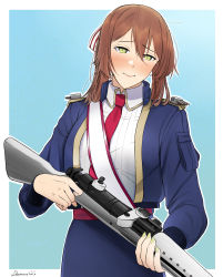 Rule 34 | 1girl, artist name, blue jacket, blush, bolt action, breasts, closed mouth, darkpulsegg, feet out of frame, girls&#039; frontline, green eyes, gun, hair ribbon, highres, holding, holding gun, holding weapon, jacket, long hair, looking at viewer, m1903 springfield, necktie, orange hair, red necktie, ribbon, rifle, simple background, solo, springfield (girls&#039; frontline), standing, uniform, weapon