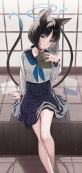 Rule 34 | 1girl, absurdres, animal ears, black eyes, black hair, black nails, black sailor collar, black skirt, blue archive, blue halo, blue neckerchief, book, cat ears, cat tail, feet out of frame, fingernails, halo, highres, holding, holding book, kikyou (blue archive), long sleeves, looking at viewer, multiple tails, nail polish, neckerchief, pleated skirt, rama (yu-light8), sailor collar, school uniform, serafuku, short hair, sitting, skirt, solo, tail, two tails