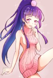 Rule 34 | 1girl, aran sweater, backless outfit, bare shoulders, blush, breasts, cable knit, eyelashes, hair ornament, half updo, happy, highres, izayoi liko, kaatsu katsurou, lipstick, long hair, looking at viewer, mahou girls precure!, makeup, meme attire, no bra, off-shoulder, off-shoulder sweater, off shoulder, pink eyes, ponytail, precure, purple hair, ribbed sweater, sideboob, small breasts, smile, solo, sweater, virgin killer sweater