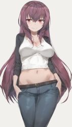 Rule 34 | 1girl, absurdres, alternate costume, blouse, blush, breasts, casual, cleavage, contemporary, contrapposto, denim, fate/grand order, fate (series), free style (yohan1754), grey background, hair between eyes, hands in pockets, highres, impossible clothes, jeans, long hair, looking at viewer, medium breasts, midriff, multicolored shirt, navel, pants, purple hair, red eyes, scathach (fate), shirt, short sleeves, simple background, smile, solo, standing, very long hair, white shirt