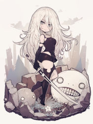 Rule 34 | ass, boots, breasts, elbow gloves, emil (nier), flower, gloves, katana, long hair, looking at viewer, medium breasts, nier (series), nier:automata, parororo, rubble, grey eyes, sword, thigh boots, thighhighs, thighs, weapon, white hair, a2 (nier:automata)