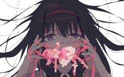 Rule 34 | 2021, 2girls, akemi homura, ankle strap, artist name, bags under eyes, black hair, bound, bubble skirt, circle, close-up, covered mouth, crying, crying with eyes open, dated, eyelashes, faceless, faceless female, floating hair, gloves, hairband, half-closed eyes, hand up, hands up, hanging, highres, holding, kaname madoka, long hair, looking at viewer, mahou shoujo madoka magica, mahou shoujo madoka magica (anime), mini person, minigirl, multiple girls, pink hair, pink ribbon, puffy short sleeves, puffy sleeves, purple eyes, red footwear, red hairband, restrained, ribbon, rok0813, sad, short sleeves, simple background, skirt, socks, straight hair, surreal, tears, tied up (nonsexual), tsurime, twintails, unconscious, white background, white gloves, white legwear, white skirt