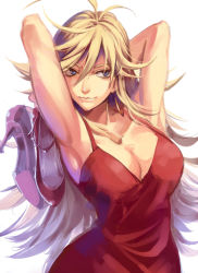 Rule 34 | 10s, 1girl, armpits, arms behind head, arms up, blonde hair, blue eyes, breasts, cleavage, collarbone, dress, high heels, holding, holding shoes, large breasts, long hair, panty &amp; stocking with garterbelt, panty (psg), red dress, ruukii drift, shoes, unworn shoes, solo, strappy heels, upper body, white background
