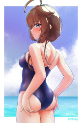 Rule 34 | 1girl, adjusting clothes, adjusting swimsuit, ahoge, alternate costume, arthur ko, ass, back, blue eyes, blue one-piece swimsuit, blush, border, braid, breasts, brown hair, cloud, cloudy sky, colored eyelashes, competition school swimsuit, competition swimsuit, day, hair flaps, hair over shoulder, highres, kantai collection, looking at viewer, ocean, one-piece swimsuit, open mouth, outside border, school swimsuit, shigure (kancolle), shigure kai san (kancolle), single braid, sky, small breasts, swimsuit, twitter username, water, white border