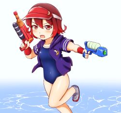 Rule 34 | 1girl, alternate costume, blue jacket, blue one-piece swimsuit, brown hair, competition school swimsuit, covered navel, crescent, dual wielding, gradient hair, hat, holding, hood, hooded jacket, jacket, kantai collection, multicolored hair, mutsuki (kancolle), mutsuki kai ni (kancolle), one-hour drawing challenge, one-piece swimsuit, red eyes, red hair, red hat, running, school swimsuit, shoes, short hair, signature, simple background, smile, solo, swimsuit, uwabaki, visor cap, water, water gun, white background, zanne