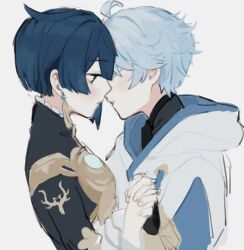 Rule 34 | 2boys, ahoge, black coat, blue hair, blush, chongyun (genshin impact), closed eyes, coat, colored eyelashes, earrings, from side, genshin impact, highres, hnnoo, holding hands, hood, hood down, hoodie, imminent kiss, interlocked fingers, jewelry, light blue hair, looking at another, male focus, multiple boys, open mouth, profile, short hair, simple background, single earring, sketch, tassel, tassel earrings, upper body, white background, white hoodie, xingqiu (genshin impact), yaoi