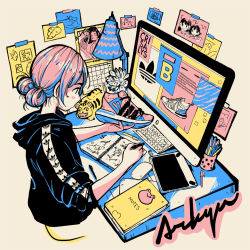 Rule 34 | 1girl, adidas, artist name, bad id, bad tumblr id, black hoodie, calendar (object), computer, crisalys, drawing, drawing tablet, heart, highres, holding, holding shoes, hood, hoodie, keyboard, lamp, leaf, long sleeves, monitor, mouse (computer), notebook, original, pen, pink hair, plant, poster (object), shoes, sleeves rolled up, sneakers, solo, tape, upper body