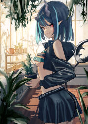 Rule 34 | 1girl, absurdres, belt, belt bra, black hair, black jacket, black skirt, blue belt, blue hair, breasts, chest belt, closed mouth, clothing cutout, commentary request, cowboy shot, cropped jacket, demon girl, demon horns, demon tail, from side, greenhouse, highres, holding, holding plant, horns, indoors, jacket, long sleeves, looking at viewer, medium bangs, medium hair, multicolored hair, nanashi inc., open clothes, open jacket, plant, pointy ears, potted plant, red eyes, shishio chris, shishio chris (1st costume), shoulder cutout, skirt, small breasts, smile, solo, tail, two-tone hair, vines, virtual youtuber, wasabifu, watering can
