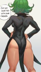 Rule 34 | 1girl, absurdres, alterlesott, ass, curly hair, dress, english text, green hair, highres, long sleeves, no panties, one-punch man, short hair, side slit, solo, speech bubble, tatsumaki, thighs