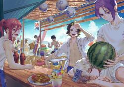 Rule 34 | 4girls, 5boys, apron, arm up, bachira meguru, black hair, blonde hair, blue lock, chigiri hyoma, closed eyes, closed mouth, coca-cola, cola, cst, day, food, fruit, highres, holding, isagi yoichi, itoshiki rin, jacket, looking at another, mikage reo, multicolored hair, multiple boys, multiple girls, one eye closed, open clothes, open jacket, open mouth, outdoors, ponytail, purple eyes, purple hair, red eyes, red hair, shaved ice, shirt, short eyebrows, short hair, short sleeves, sleeping, sleeveless, sleeves rolled up, smile, standing, t-shirt, table, topless male, two-tone hair, waist apron, watermelon, white hair, white jacket, white shirt, yakisoba