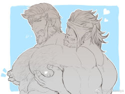 Rule 34 | 2boys, abs, aquiline nose, bara, check copyright, chest hair, copyright request, couple, crown, eyepatch, final fantasy, final fantasy xiv, flying sweatdrops, from side, grabbing, grabbing from behind, greyscale with colored background, grin, hairy, head on another&#039;s shoulder, heart, huge pectorals, konohanaya, male focus, mature male, multiple boys, muscular, muscular male, navel hair, nipples, pectoral grab, roegadyn, short hair, smile, thick arms, thick eyebrows, warrior of light (ff14), yaoi
