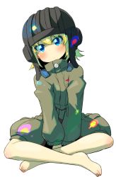 Rule 34 | 10s, 1girl, barefoot, blonde hair, blue eyes, blush, closed mouth, commentary request, emblem, full body, girls und panzer, green jumpsuit, helmet, highres, indian style, invisible chair, jumpsuit, katyusha (girls und panzer), long sleeves, looking at viewer, military, military uniform, pravda military uniform, short hair, short jumpsuit, simple background, sitting, solo, sw (taco), tank helmet, uniform, v arms, white background