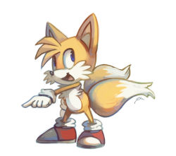 Rule 34 | 1boy, :d, blue eyes, bluekomadori, commentary, english commentary, fox boy, furry, furry male, gloves, looking to the side, male focus, multiple tails, open mouth, pointing, red footwear, sideways glance, simple background, smile, solo, sonic (series), standing, tail, tails (sonic), two tails, white background, white gloves
