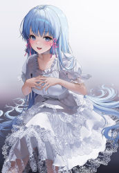 Rule 34 | 1girl, alternate costume, alternate hairstyle, ayaka (genshin impact), blue eyes, blue hair, blush, cross-laced clothes, dress, frilled dress, frills, genshin impact, gradient background, grey background, highres, interlocked fingers, lace, lace-trimmed dress, lace trim, long hair, looking at viewer, mole, mole under eye, parted lips, puffy short sleeves, puffy sleeves, short sleeves, sitting, smile, solo, teeth, upper teeth only, very long hair, white dress, yoya yogurt