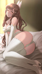 Rule 34 | 1girl, bed, blush, bridal lingerie, bride, commentary, elbow gloves, english commentary, fire emblem, fire emblem awakening, gloves, high heels, highres, light brown hair, lingerie, looking at viewer, lying, nintendo, on bed, on side, rinku bny, signature, sumia (fire emblem), thighhighs, underwear, white footwear, white gloves, wing hair ornament, yellow eyes