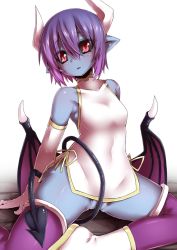 Rule 34 | 1girl, :o, bad id, bad twitter id, bare shoulders, black sclera, blue skin, blush, breasts, china dress, chinese clothes, colored sclera, colored skin, demon girl, demon tail, demon wings, dress, elbow gloves, gloves, gluteal fold, halterneck, horns, looking at viewer, low wings, no panties, open mouth, partially visible vulva, pointy ears, purple hair, purple thighhighs, pussy, red eyes, seizaverus, shinrabanshou, short dress, sitting, solo, spread legs, tail, tail censor, thighhighs, wings, zettai ryouiki, zyugoya